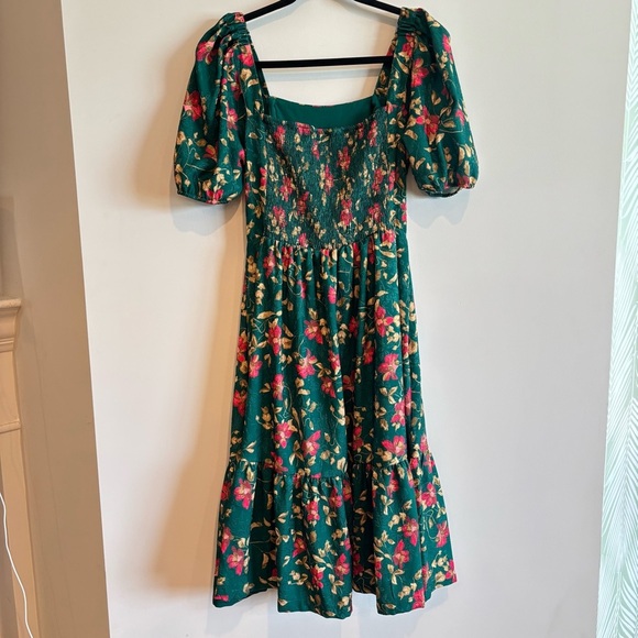 Draper James Emerald Green Floral Puff Sleeve Square Neck Midi Dress Small - Picture 10 of 11